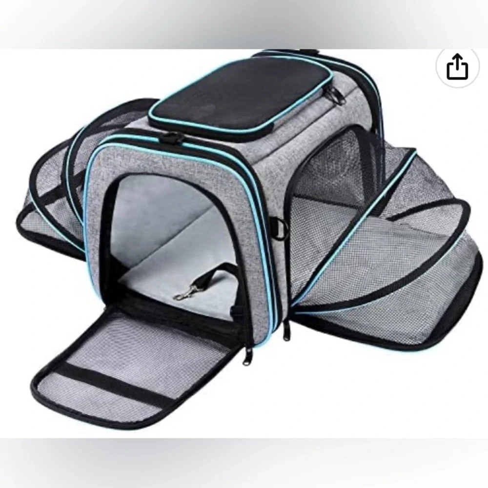 Cat Small Dog Fold Out Carrier Blue Grey Black Travel